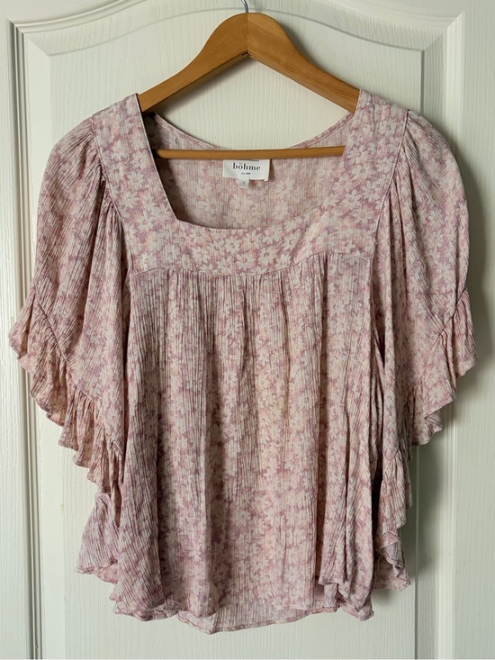 bohme Tops - Bohme Pink Feminine Floral Pleated Square-Neck Womens Blouse Top, Small